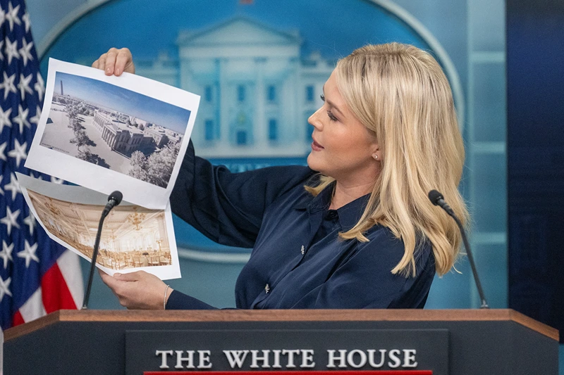 White House Press Secretary Karoline Leavitt displays a rendering for a new White House ballroom during the daily briefing in the Brady Briefing Room of the White House in Washington, DC, on July 31, 2025. (Photo by Jim WATSON / AFP) (Photo by JIM WATSON/AFP via Getty Images)
