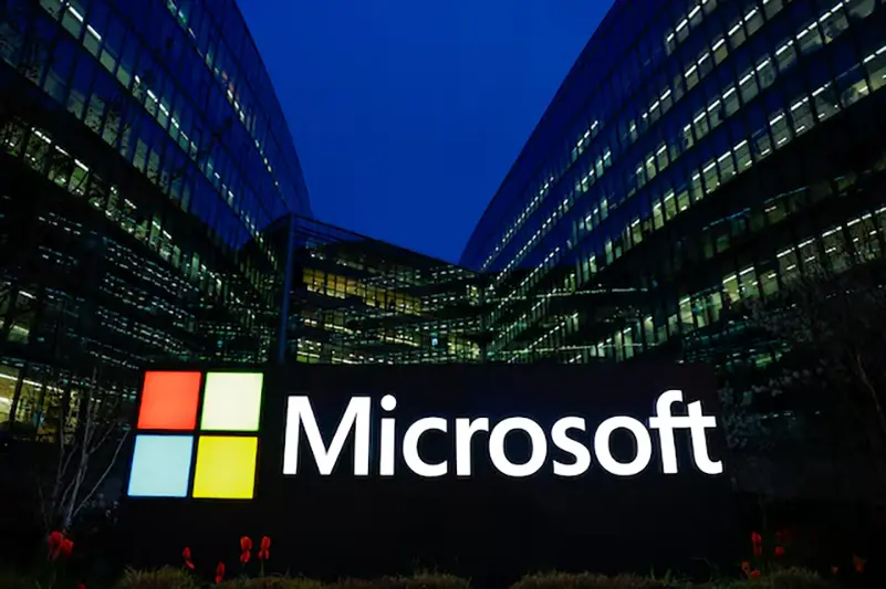A view shows a Microsoft logo at Microsoft offices in Issy-les-Moulineaux near Paris, France, March 25, 2024. REUTERS/Gonzalo Fuentes/File photo