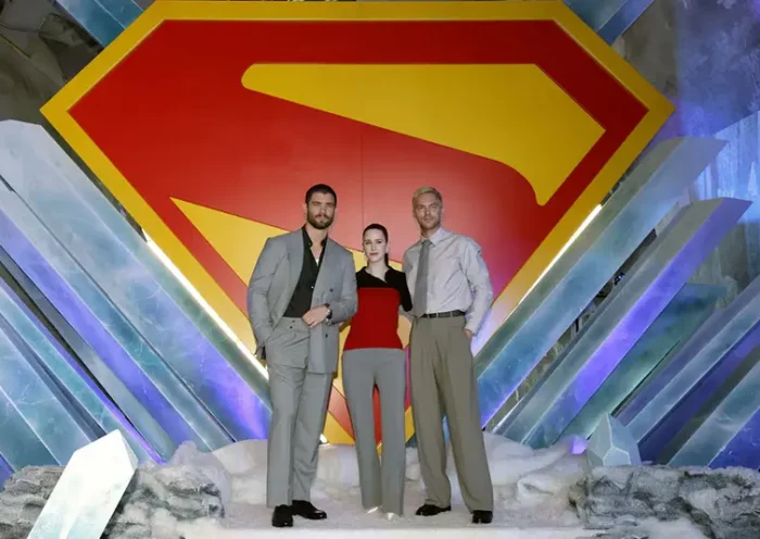 Cast members David Corenswet, Rachel Brosnahan and Nicholas Hoult pose at a photo call for the film Superman in Culver City, California, U.S., June 28, 2025. REUTERS/Mario Anzuoni/File Photo