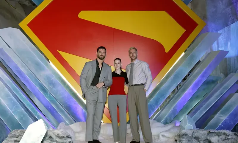 Cast members David Corenswet, Rachel Brosnahan and Nicholas Hoult pose at a photo call for the film Superman in Culver City, California, U.S., June 28, 2025. REUTERS/Mario Anzuoni/File Photo