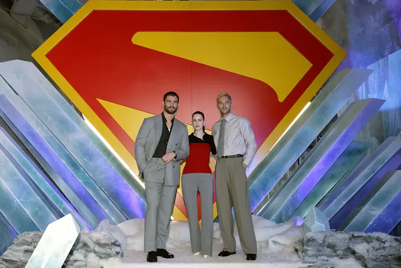 Cast members David Corenswet, Rachel Brosnahan and Nicholas Hoult pose at a photo call for the film Superman in Culver City, California, U.S., June 28, 2025. REUTERS/Mario Anzuoni/File Photo