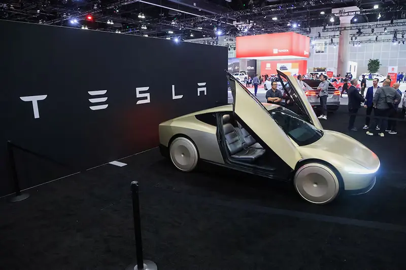 A Tesla Cybercab is displayed at the Los Angeles Auto Show, in Los Angeles, California, U.S., November 21, 2024. REUTERS/David Swanson/File Photo