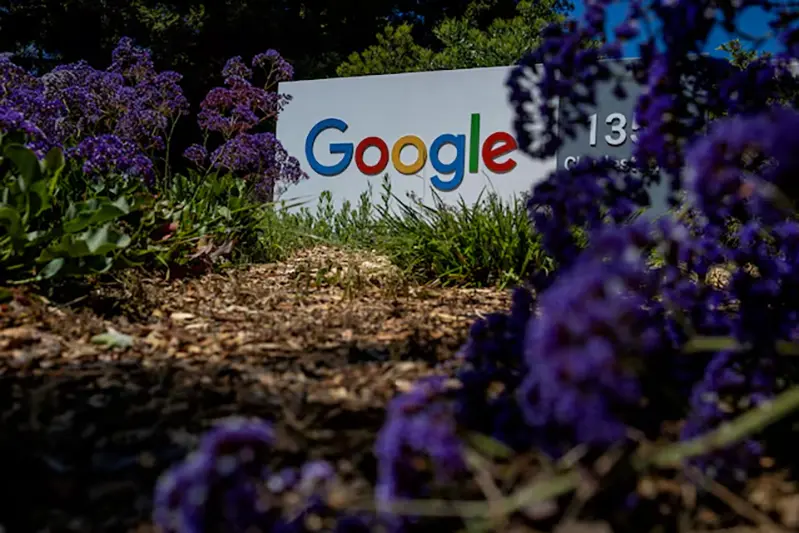 Google logo is seen at a company research facility in Mountain View, California, U.S., May 13, 2025. REUTERS/Carlos Barria/File Photo