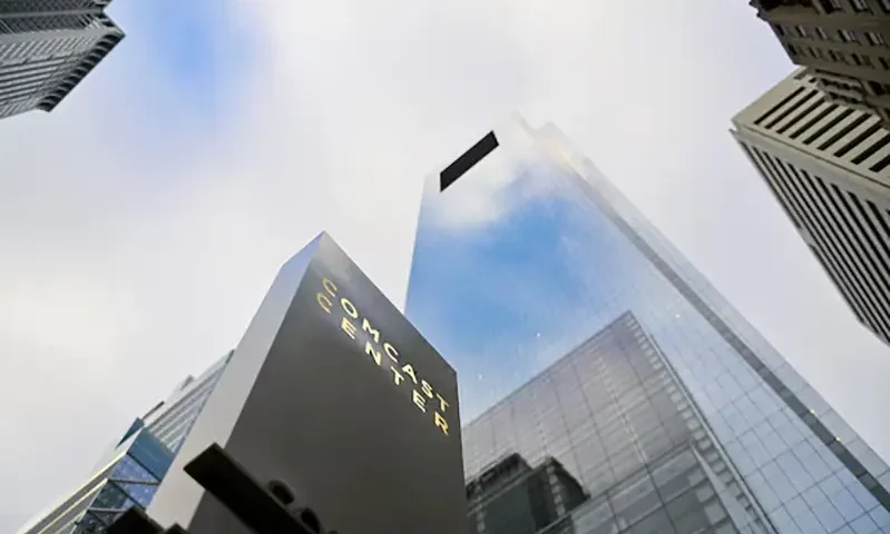 A view shows a signage at the corporate headquarters of Comcast, which announced plans to spin-off the bulk of its fading NBCUniversal cable TV networks, including MSNBC and CNBC, in Philadelphia, Pennsylvania, U.S. November 20, 2024.