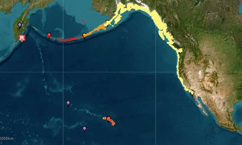 This map shows the areas under a tsunami warnings and watches following a historic earthquake in Russia on July 29, 2025. (National Weather Service)