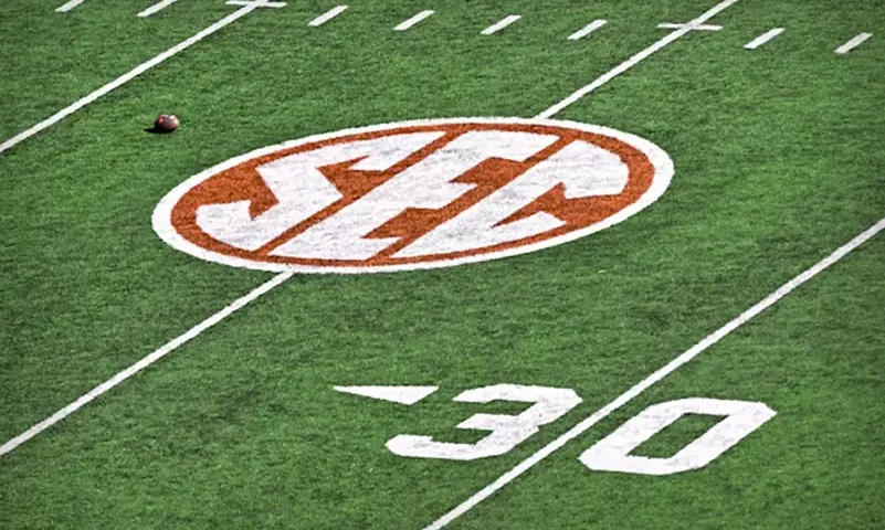 A general view of the field and the SEC logo before the game between the Texas Longhorns and the Clemson Tigers in the CFP National Playoff first round game at Darrell K Royal-Texas Memorial Stadium. Mandatory Credit: Jerome Miron-Imagn Images/ File Photo