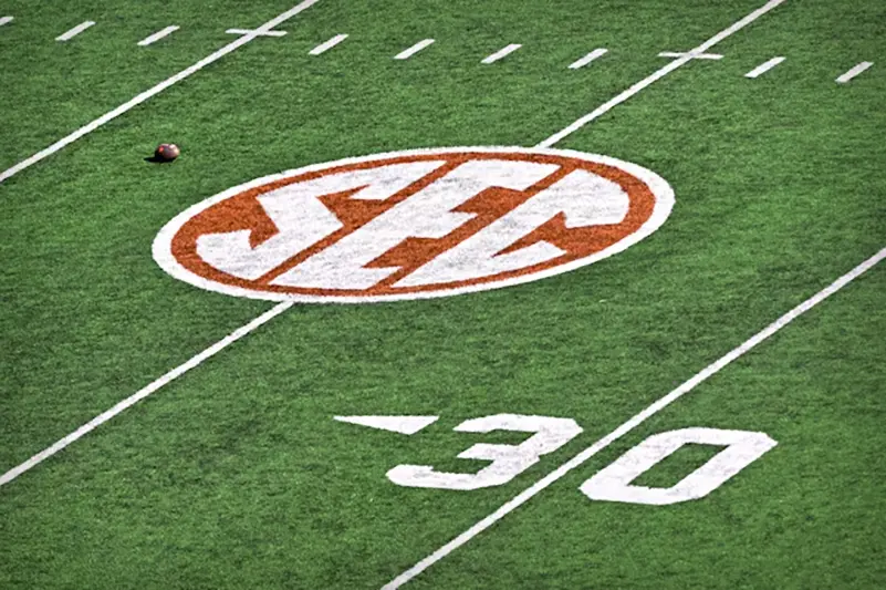 A general view of the field and the SEC logo before the game between the Texas Longhorns and the Clemson Tigers in the CFP National Playoff first round game at Darrell K Royal-Texas Memorial Stadium. Mandatory Credit: Jerome Miron-Imagn Images/ File Photo