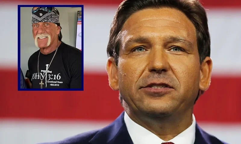 (L) TAMPA, FLORIDA - DECEMBER 08: Hulk Hogan attends a New Era In Florida Gaming Event at Seminole Hard Rock Hotel & Casino Tampa on December 08, 2023 in Tampa, Florida. (Photo by Julio Aguilar/Getty Images) / (Background) Florida Gov. Ron DeSantis gives a victory speech after defeating Democratic gubernatorial candidate Rep. Charlie Crist during his election night watch party at the Tampa Convention Center on November 8, 2022 in Tampa, Florida. DeSantis was the projected winner by a double-digit lead. (Photo by Octavio Jones/Getty Images)