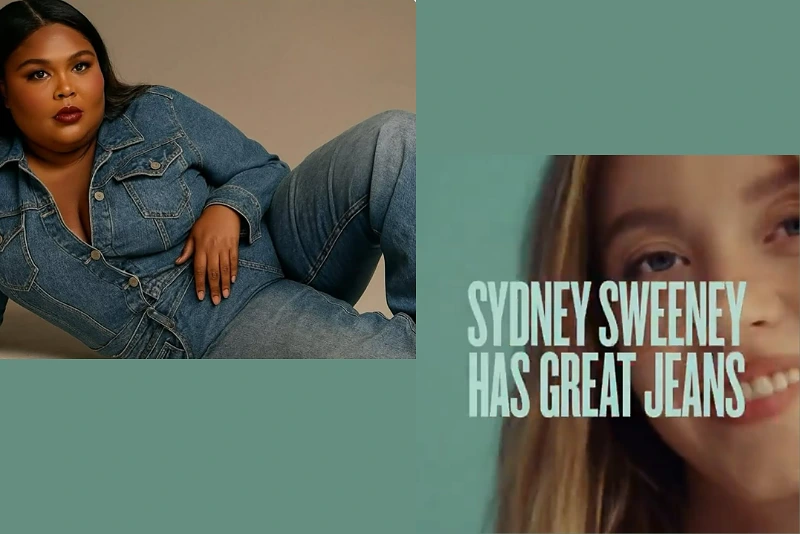 (L) Lizzo parody Ameircan Eagle "ad." (Photo via: Instagram public profile) / (R) Sydney Sweeney ad American Eagle ad. (Photo via: screenshot from X)