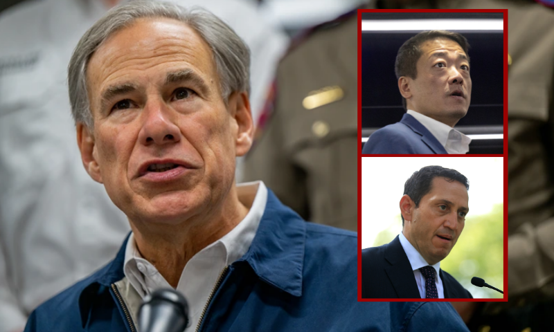 (Background) Texas Gov. Greg Abbott speaks during a news conference on January 31, 2023 in Austin, Texas. (Brandon Bell/Getty Images) / (R-Top) CAROL STREAM, ILLINOIS - AUGUST 03: Texas House Democratic Caucus Chair Gene Wu boards a bus with other state lawmakers following a press conference at the DuPage County Democratic Party headquarters on August 03, 2025 in Carol Stream, Illinois. Wu and the other lawmakers left the state earlier today so a quorum could not be reached during a special session called to redistrict the state. (Photo by Scott Olson/Getty Images) / (R-Bottom) WASHINGTON, DC - SEPTEMBER 14: Texas State Rep. Trey Martinez Fischer (D) addresses a 'Let's Finish the Job for the People' rally near the U.S. Capitol on September 14, 2021 in Washington, DC. Politicians and activists called on the U.S. Senate to fulfill their commitment to taking up voting rights and pass the For the People Act. (Photo by Chip Somodevilla/Getty Images)