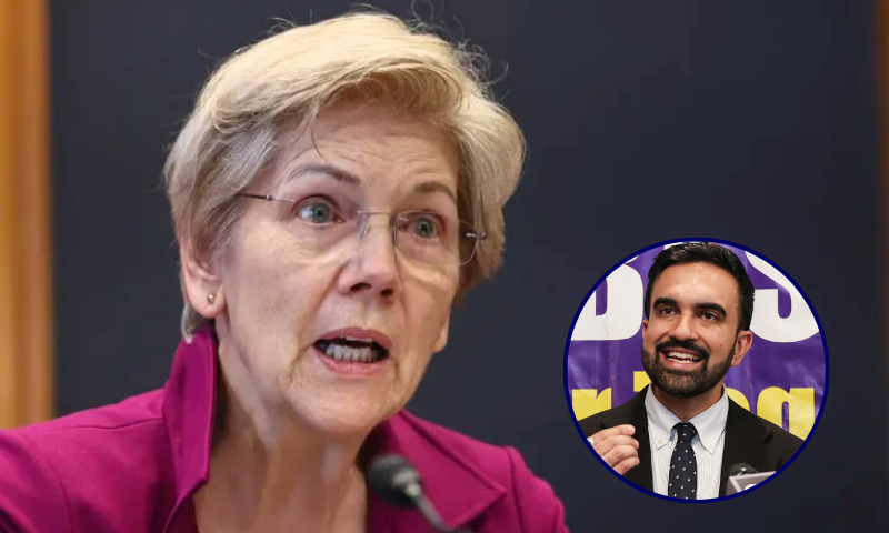(Background) U.S. Sen. Elizabeth Warren (D-MA) conducts a special forum on May 14, 2025 in Washington, DC. (Photo by Jemal Countess/Getty Images for Student Borrower Protection Center) / (R) Zohran Mamdani, Democratic nominee for New York City Mayor, speaks during a news conference at the headquarters of SEIU Local 32BJ in New York City on July 30, 2025, to honor the victims of the shooting in Midtown Manhattan that killed four people on July 28. NFL commissioner Roger Goodell said in a memo to league employees on July 29 that the New York office will remain closed through at least August 8 after a gunman attacked their headquarters building. A man identified by the New York Police Department as Shane Tamura of Las Vegas opened fire in the high-rise building where the NFL offices are located and killed four people on Monday while also wounding a man Goodell identified as a league employee. (Photo by TIMOTHY A. CLARY / AFP) (Photo by TIMOTHY A. CLARY/AFP via Getty Images)