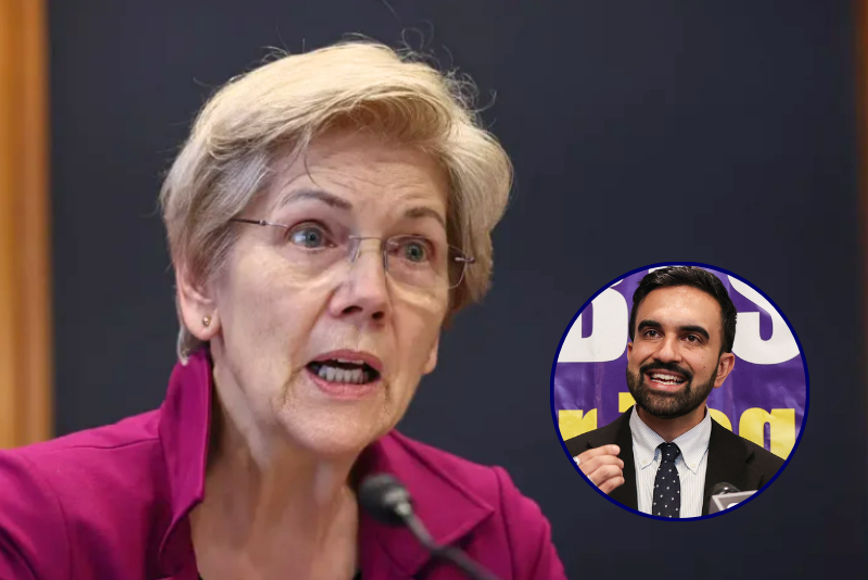 (Al fondo) La senadora estadounidense Elizabeth Warren (demócrata por Massachusetts) dirige un foro especial el 14 de mayo de 2025 en Washington, D. C. (Foto de Jemal Countess/Getty Images para el Centro de Protección al Prestatario Estudiantil) / (D) Zohran Mamdani, candidato demócrata a la alcaldía de la ciudad de Nueva York. (Foto de Timothy A. Clary/AFP vía Getty Images)