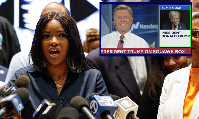 (Background) Texas Representative Jasmine Crockett speaks in front of Democratic members of Congress and Texas House Democrats during a news conference, after they left their state to deny Republicans the quorum needed to redraw the state's 38 congressional districts, at IBEW Local Union 701 on August 4, 2025 in Warrenville, Illinois. Dozens of Democrats in the Texas legislature faced threats of legal action Monday after they fled the state to block a redrawing of districts in Republicans' favor ahead of the 2026 midterm elections. The Republican-controlled state, following a push by President Donald Trump, are seeking to shift congressional district borders such that five seats flip from Democratic control. The contentious but legally permitted move, known as partisan gerrymandering, seeks to prevent Republicans from losing control of the US House of Representatives in next year's midterms, when the opposition party usually does more favorably. (Photo by KAMIL KRZACZYNSKI / AFP) (Photo by KAMIL KRZACZYNSKI/AFP via Getty Images) / (R) Screenshot from CNBC "Squawk Box" airing.