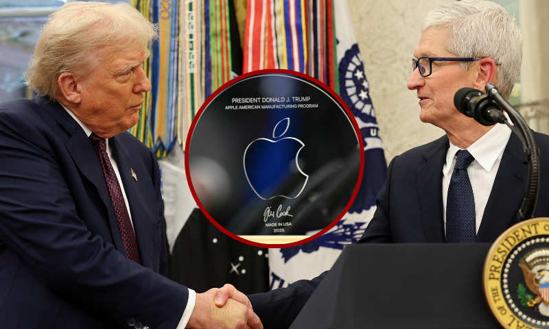 (Background) WASHINGTON, DC - AUGUST 06: Apple CEO Tim Cook (R) shakes hands with U.S. President Donald Trump during an event in the Oval Office of the White House on August 6, 2025 in Washington, DC. Apple Inc. announced a $100 billion investment in manufacturing facilities in the U.S., on top of an announcement in February committing over the next four years to a $500 billion investment in the U.S. economy and the addition of 20,000 new jobs. (Photo by Win McNamee/Getty Images) / (Center) A memento presented by Apple CEO Tim Cook is seen on the Resolute Desk in the Oval Office of the White House in Washington, DC, on August 6, 2025 before announcing that Apple will invest an additional $100 billion in the United States, taking its total pledge to $600 billion over the next four years. (Photo by Brendan SMIALOWSKI / AFP) (Photo by BRENDAN SMIALOWSKI/AFP via Getty Images)