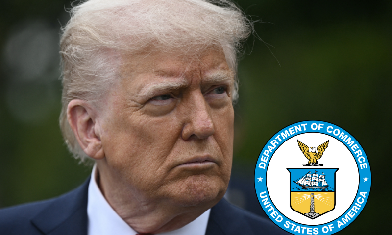 (Background) US President Donald Trump looks on as he hosts the annual Easter Egg Roll on the South Lawn of the White House on April 21, 2025, in Washington, DC. According to the US National Park Service, the egg roll tradition dates back to 1878 when President Rutherford B. Hayes invited children to roll Easter eggs on the White House grounds. Children previously rolled eggs down a hill at the US Capitol in the early 1870s, but a law was passed in 1876 forbidding the Capitol property from being used due to the toll on the lawn. (Photo by Brendan SMIALOWSKI / AFP) (Photo by BRENDAN SMIALOWSKI/AFP via Getty Images) / (R) The United States Department of Commerce is an executive department of the U.S. federal government. It is responsible for gathering data for business and governmental decision making. (Photo via: usa.gov/agencies/u-s-department-of-commerce)