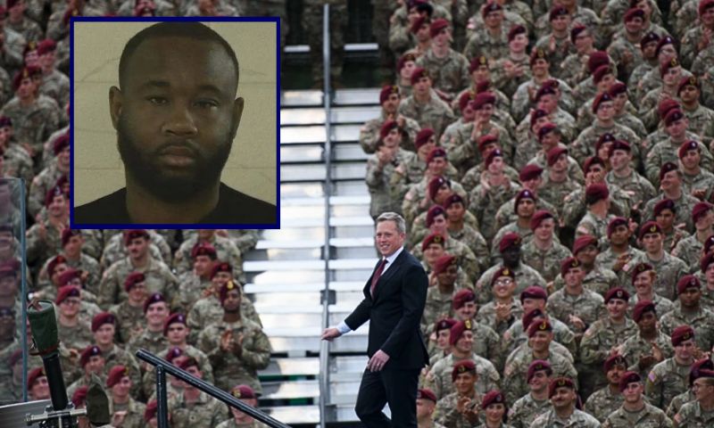 (L) Sgt. Quornelius Samentrio Radford. (Photo via: Liberty County Jail Bookings) / (Background) U.S. Secretary of the Army Dan Driscoll walks on stage during a celebration open to the public in honor of the 250th anniversary of the U.S. Army on June 10, 2025 in Fort Bragg, North Carolina. (Melissa Sue Gerrits/Getty Images)