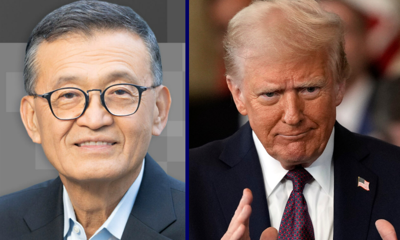 (L) Intel CEO Lip-Bu Tan. (Photo via: newsroom.intel.com) / (R) WASHINGTON, DC - JANUARY 20: U.S. President Donald Trump applauds during the inauguration ceremony in the U.S. Capitol Rotunda on January 20, 2025 in Washington, DC. Donald Trump takes office for his second term as the 47th president of the United States. (Photo by Julia Demaree Nikhinson - Pool/Getty Images)