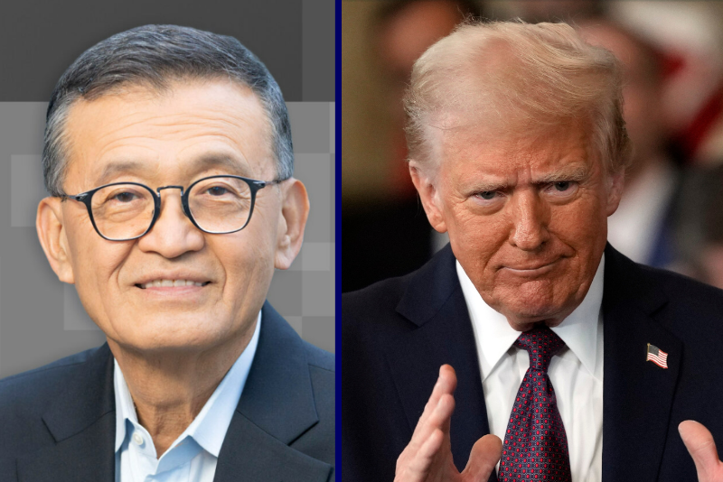 (L) Intel CEO Lip-Bu Tan. (Photo via: newsroom.intel.com) / (R) WASHINGTON, DC - JANUARY 20: U.S. President Donald Trump applauds during the inauguration ceremony in the U.S. Capitol Rotunda on January 20, 2025 in Washington, DC. Donald Trump takes office for his second term as the 47th president of the United States. (Photo by Julia Demaree Nikhinson - Pool/Getty Images)