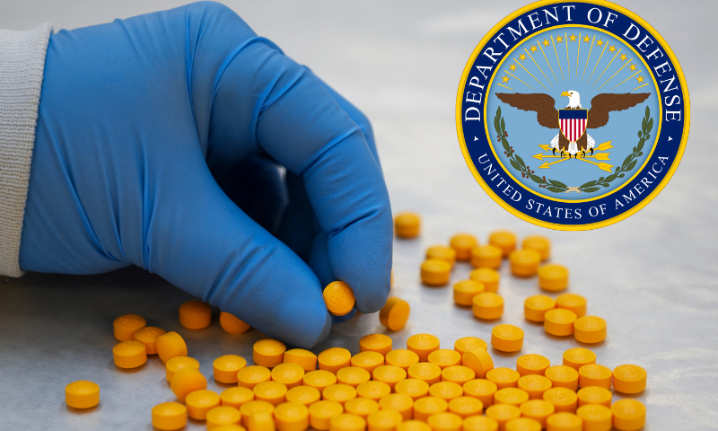 (Background) CORRECTION / A Drug Enforcement Administration (DEA) chemist checks tablets believed to be laced with fentanyl at the DEA Northeast Regional Laboratory on October 8, 2019 in New York. According to US government data, about 32,000 Americans died from opioid overdoses in 2018. That accounts for 46 percent of all fatal overdoses. Fentanyl, a powerful painkiller approved by the US Food and Drug Administration for a range of conditions, has been central to the American opioid crisis which began in the late 1990s. (Photo by Don EMMERT / AFP) / "The erroneous mention[s] appearing in the metadata of this photo by Don EMMERT has been modified in AFP systems in the following manner: [tablets believed to be laced with fentanyl] instead of [confiscated powder containing fentanyl]. Please immediately remove the erroneous mention[s] from all your online services and delete it (them) from your servers. If you have been authorized by AFP to distribute it (them) to third parties, please ensure that the same actions are carried out by them. Failure to promptly comply with these instructions will entail liability on your part for any continued or post notification usage. Therefore we thank you very much for all your attention and prompt action. We are sorry for the inconvenience this notification may cause and remain at your disposal for any further information you may require." (Photo by DON EMMERT/AFP via Getty Images) / (R) Department of Defense (DoD) logo. (Photo via: defense.gov/)