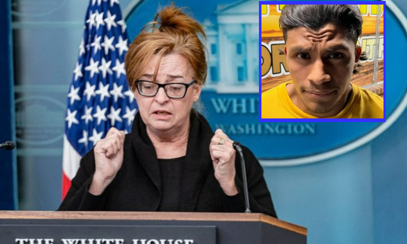 Patty Morin, mother of homicide victim Rachel Morin, speaks during a White House press conference on April 16, 2025, standing beside Karoline Leavitt, White House Press Secretary. (Photo by ANDREW THOMAS/Middle East Images/AFP via Getty Images) / (R) Victor Antonio Martinez-Hernandez. (Photo: Tulsa Police Department)