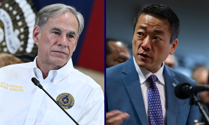(L) US President Donald Trump (L) and Texas Governor Greg Abbott look on during a meeting with local officials and first responders in Kerrville, Texas, on July 11, 2025, following devastating flooding that ocurred in the area over the July 4 weekend. At least 120 people are dead and more than 170 still missing, following July 4 holiday weekend floods that ravaged the central Texas Hill Country -- including a river bank cluttered with children's summer camp cabins. (Photo by Brendan SMIALOWSKI / AFP) (Photo by BRENDAN SMIALOWSKI/AFP via Getty Images) / (R) AURORA, ILLINOIS - AUGUST 05: Illinois Governor JB Pritzker listens as Texas House Democratic Caucus Chair Gene Wu speaks during a press conference with Texas Democrats at the International Union of Painters and Allied Trades union hall on August 05, 2025 in Aurora, Illinois. Democratic Texas lawmakers left the state on Sunday to prevent a quorum from being reached during a special session called to redistrict the state in favor of Republican candidates. (Photo by Scott Olson/Getty Images)