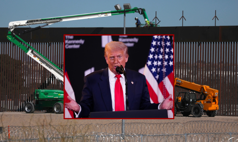 (Background) US workers are seen from Ciudad Juarez as they work to reinforce the border wall in El Paso, Texas, United States, on the border with Ciudad Juarez, Chihuahua State, Mexico on February 25, 2025. Since Trump took office on January 20, around 12,255 Mexicans and 3,344 foreigners have been deported to Mexico, according to the Latin American country's immigration authority. (Photo by Herika Martinez / AFP) (Photo by HERIKA MARTINEZ/AFP via Getty Images) / (Center) WASHINGTON, DC - AUGUST 13: U.S. President Donald Trump speaks during an event at the Kennedy Center on August 13, 2025 in Washington, DC. Trump announced country music artist George Strait, actor Michael Crawford, actor Sylvester Stallone, singer Gloria Gaynor and members of the rock band Kiss as the first nominees of the annual Kennedy Center Honors since taking control of the center’s board earlier this year. (Photo by Kevin Dietsch/Getty Images)
