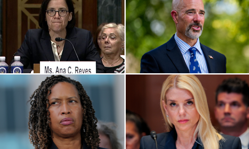 (L-Top) Judge Ana Reyes. (Photo via: Senate Judiciary Committee) / (L-Bottom) WASHINGTON, DC - AUGUST 15: Washington, DC Mayor Murial Bowser listens as Washington, DC Attorney General Brian Schwalb speaks outside of the E. Barrett Prettyman U.S. Court House following a court hearing on August 15, 2025 in Washington, DC. Schwalb filed a lawsuit against the federal government claiming that the Trump Administration overstepped its authority when the federal government took over the Metropolitan Police Department and replaced the chief of police with a federal official. (Photo by Anna Moneymaker/Getty Images) / (R-Top) WASHINGTON, DC - AUGUST 12: Drug Enforcement Administration (DEA) Administrator and newly named interim federal administrator of the Metropolitan Police Department of the District of Columbia Terry Cole walks towards the West Wing of the White House on August 12, 2025 in Washington, DC. Cole's appointment comes after U.S. President Donald Trump announced a federal takeover of D.C.'s police department to assist in crime prevention in the nation's capital, and that the National Guard will be deployed to DC. (Photo by Andrew Harnik/Getty Images) / (R-Bottom) WASHINGTON, DC - JUNE 25: U.S. Attorney General Pam Bondi testifies before the Senate Appropriations Committee Subcommittee on Commerce, Justice, Science, and Related Agencies in the Dirksen Senate Office Building on June 25, 2025 in Washington, DC. The committee met to hear testimony to examine proposed budget estimates for fiscal year 2026 for the Department of Justice. (Photo by Chip Somodevilla/Getty Images)