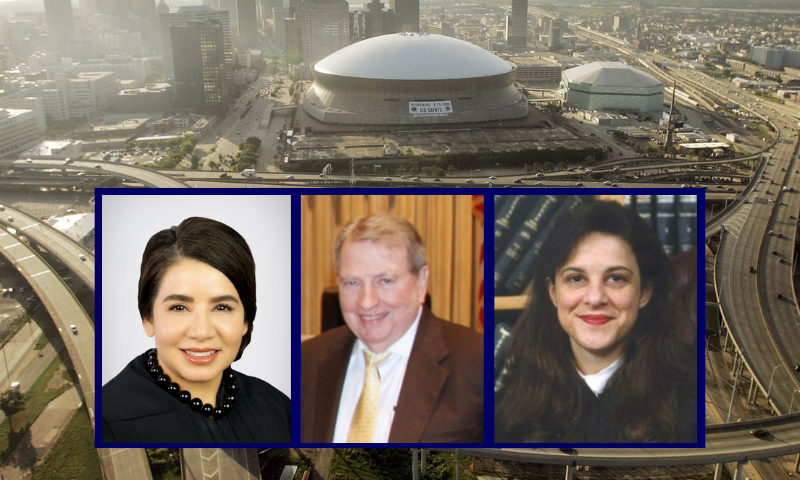 (L) Irma Ramirez (Photo via: smu.edu) / (Middle) James Dennis (Photo via: U.S. Court of Appeals Judge for the Fifth Circuit.) / (R) Catharina Haynes (Photo via: 5th Circuit Court of Appeals) / (Background) NEW ORLEANS - AUGUST 25: The repaired Louisiana Superdome sits near the city skyline are seen August 25, 2006 in New Orleans, Louisiana. The first anniversary of Hurricane Katrina is August 29. (Photo by Mario Tama/Getty Images)