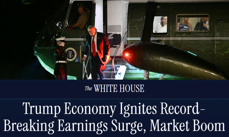 (Background) US President Donald Trump steps off Marine One on the South Lawn upon arrival at the White House in Washington, DC, on August 3, 2025 after spending the weekend at his Bedminster residence. (Photo by Mandel NGAN / AFP) (Photo by MANDEL NGAN/AFP via Getty Images) / (Bottom) White House website screenshot.