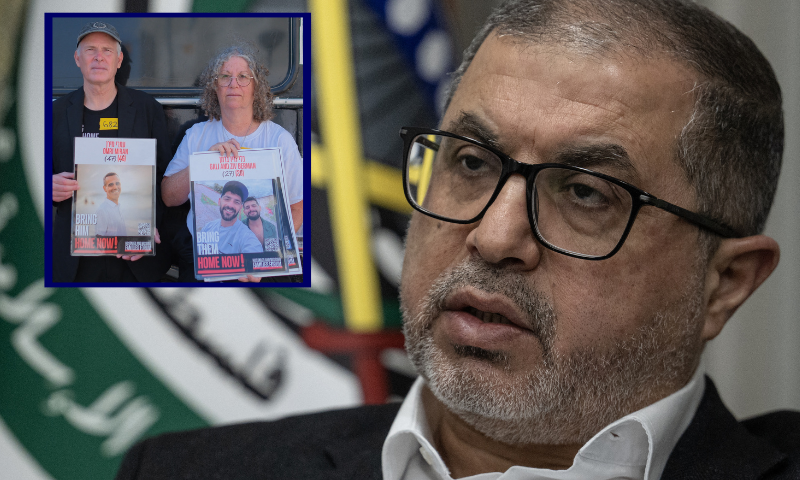 (Background) Basem Naim, member of Hamas' political bureau. (Photo by OZAN KOSE/AFP via Getty Images) / (L) Former Israeli hostages Keith Siegel (L) and his wife Aviva (R) hold posters of Israelis currently held hostages in the Gaza Strip at a pro-Israel demonstration. (Photo by EMMANUEL CROSET/AFP via Getty Images)