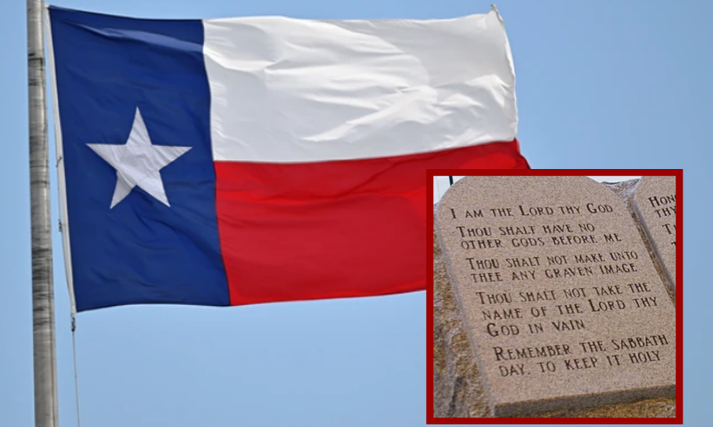 A view of The Lone Star Flag at Capital One JamFest® during the 2025 NCAA March Madness Music Festival on April 06, 2025 in San Antonio, Texas. (Derek White/Getty Images for 2025 NCAA March Madness Music Festival) / (R) MONTGOMERY, AL - NOVEMBER 18: (FILE PHOTO) The Ten Commandments memorial rests in the lobby of the rotunda of the State Judicial Building November 18, 2002 in Montgomery, Alabama. Protesters plan to gather in Montgomery August 14, 2003 and demonstrate against Federal Judge Myron Thompson's order to remove the monument by August 20. (Photo by Gary Tramontina/Getty Images)