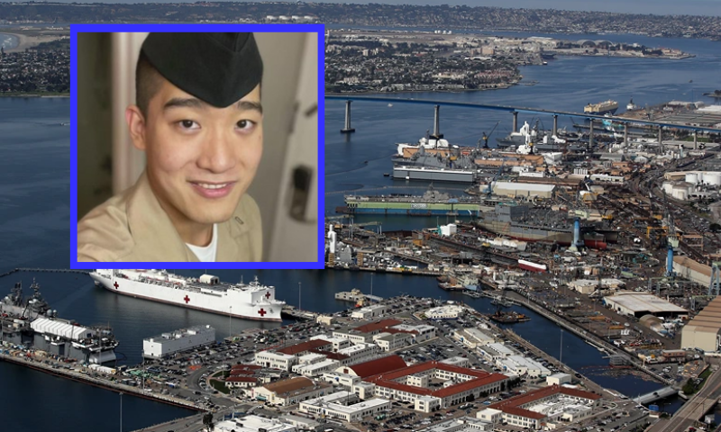 (L) Jinchao Wei. (Photo via: Department of Justice) / (Background) Aerial view of the Hospital ship USNS Mercy docked at Naval Base San Diego on March 20, 2020 in San Diego, California. (Sean M. Haffey/Getty Images)