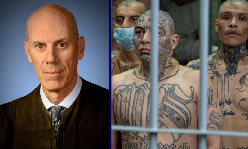 James E. “Jeb” Boasberg. (Photo via: dcd.uscourts.gov) / (R) TOPSHOT - Prisoners with MS-13 gang tattoos look out of their cell as unseen US Secretary of Homeland Security Kristi Noem tours the Terrorist Confinement Center (CECOT) as prisoners stand, looking out from a cell, in Tecoluca, El Salvador, on March 26, 2025. (Photo by Alex Brandon / POOL / AFP) (Photo by ALEX BRANDON/POOL/AFP via Getty Images)