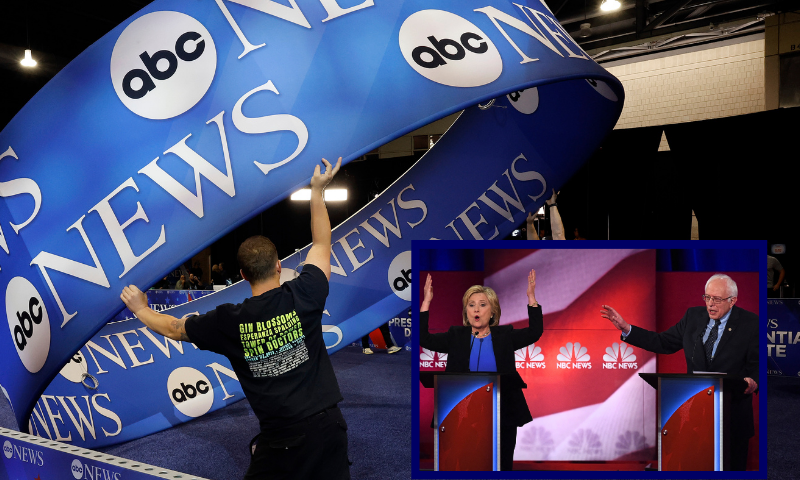 (Background) PHILADELPHIA, PENNSYLVANIA - SEPTEMBER 09: ABC News signage is installed in the media file center inside the Pennsylvania Convention Center one day before the presidential debate on September 09, 2024 in Philadelphia, Pennsylvania. Democratic presidential nominee, U.S. Vice President Kamala Harris and Republican presidential nominee, former President Donald Trump will face off in their first debate Tuesday evening at The National Constitution Center. (Photo by Chip Somodevilla/Getty Images) / (R) TOPSHOT - Democratic presidential candidates Hillary Clinton (L) and Bernie Sanders (R) participate in the NBC News -YouTube Democratic Candidates Debate on January 17, 2016 at the Gaillard Center in Charleston, South Carolina.. (Photo by TIMOTHY A. CLARY / AFP) (Photo by TIMOTHY A. CLARY/AFP via Getty Images)
