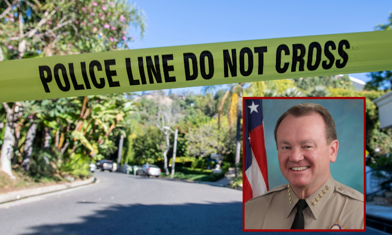 A Yellow Police tape blocks access to the 1100 block of Maytor place where Jacqueline Avant's house is at the top of the hill, in Beverly Hills , California on December 1, 2021. - The wife of the man known as the "Godfather of Black Music" was shot and killed Wednesday in a break-in at the couple's Beverly Hills home, US media reported. Jacqueline Avant died after being shot by a burglar, who also opened fire on a security guard, according to tabloid website TMZ. (Photo by VALERIE MACON / AFP) (Photo by VALERIE MACON/AFP via Getty Images) / (R) LAPD Chief Jim Mcdonnell. (Photo via: Los Angeles County Sheriff's Department Twitter - 2014)