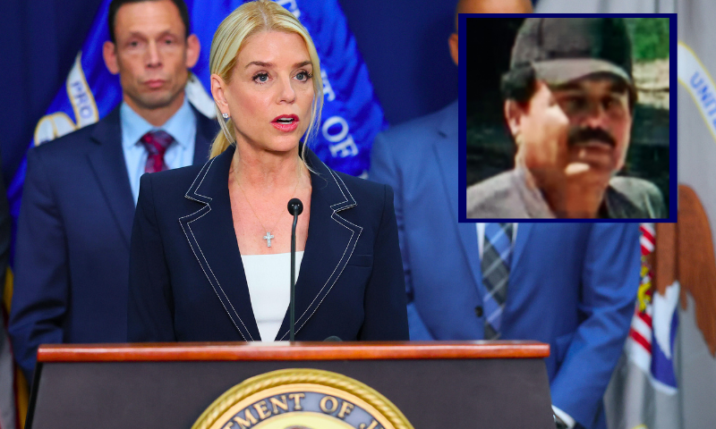 (Background) U.S. Attorney General Pam Bondi speaks during a press conference at the U.S. Attorney’s Office on August 25, 2025 in the Brooklyn Heights neighborhood of the Brooklyn borough in New York City. Attorney General Bondi announced the guilty plea of Sinaloa cartel co-founder Ismael “El Mayo” Zambada Garcia on federal crimes alongside other law enforcement officials including the U.S. Attorney for the Eastern District of New York Joseph Nocella, Jr., Drug Enforcement Administrator Terrance C. Cole, Homeland Security Investigations Acting Executive Associate Director Derek W. Gordon, and Federal Bureau of Investigation Operations Director Chad Yarbrough. (Photo by Michael M. Santiago/Getty Images) / (R) Ismael "El Mayo" Zambada Garcia. (Photo via: state.gov)