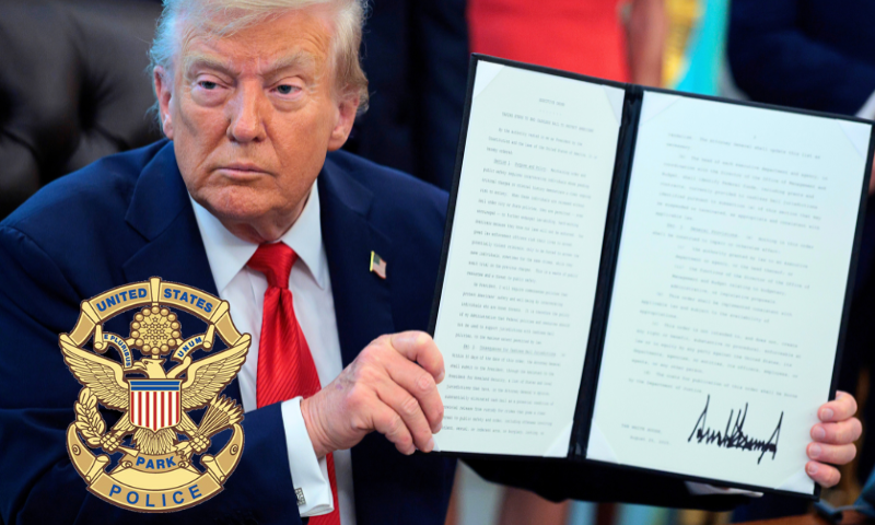 (L) U.S. Park Police logo. (photo via: nps.gov) / (Background) WASHINGTON, DC - AUGUST 25: U.S. President Donald Trump signs executive orders in the Oval Office at the White House on August 25, 2025 in Washington, DC. Furthering his federal takeover of the capital city’s law enforcement, Trump signed orders ending cashless bail in the District of Columbia, mandating prosecution for people who desecrate the American flag -- including by burning it -- and other orders. (Photo by Chip Somodevilla/Getty Images)