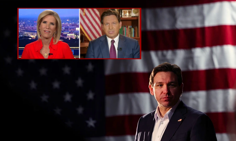 (L) Screenshot taken from Fox News segment with Laura Ingraham and Ron DeSantis. (Video via: X) / (Background) Republican presidential candidate Florida Gov. Ron DeSantis speaks at a campaign event at The Grass Wagon on January 13, 2024 in Council Bluffs, Iowa. (Kevin Dietsch/Getty Images)