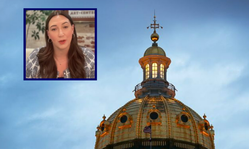 (L) Catelin Drey. (Photo via: screenshot taken from video on X of a CNN segment). / (Background) The Iowa State Capitol building is seen on October 09, 2019, in Des Moines, Iowa. (Photo by Joe Raedle/Getty Images)