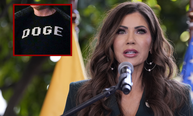 (L) Elon Musk shows off a shirt that says "DOGE" as he walks on the South Lawn of the white House after stepping off Marine One upon arrival to the White House in Washington, DC on March 9, 2025. (Photo by Oliver Contreras / AFP) (Photo by OLIVER CONTRERAS/AFP via Getty Images) / (Background) QUITO, ECUADOR - JULY 31: U.S. Homeland Security Secretary Kristi Noem speaks during a press briefing with Ecuador's Minister of Interior John Reinberg at the Ecuadorian Presidential Palace on July 31, 2025 in Quito, Ecuador. Noem is on a multi-day visit to Argentina, Chile, and Paraguay. (Photo by Alex Brandon-Pool/Getty Images)