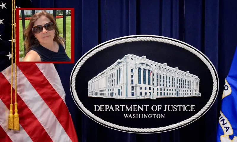 The Department of Justice logo is displayed before U.S. Attorney General Pam Bondi arrives for a news conference at the Department of Justice on May 6, 2025 in Washington, DC. The Justice Department along with the Drug Enforcement Administration (DEA) and the U.S. Attorney's Office for the District of New Mexico are set to announce that they have completed an operation targeting a large drug trafficking organization that has been dealing fentanyl and other illicit narcotics. (Photo by Andrew Harnik/Getty Images)