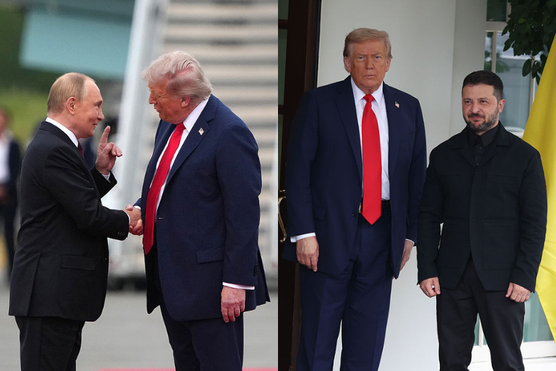 .S. President Trump And Russian President Putin Meet On War In Ukraine At U.S. Air Base In Alaska ANCHORAGE, ALASKA - AUGUST 15: U.S. President Donald Trump (R) greets Russian President Vladimir Putin as he arrives at Joint Base Elmendorf-Richardson on August 15, 2025 in Anchorage, Alaska. The two leaders are meeting for peace talks aimed at ending the war in Ukraine. (Photo by Andrew Harnik/Getty Images) / WASHINGTON, DC - AUGUST 18: U.S. President Donald Trump greets Ukrainian President Volodymyr Zelensky at the White House on August 18, 2025 in Washington, DC. President Trump is hosting President Zelensky at the White House for a bilateral meeting and later an expanded meeting with European leaders to discuss a peace deal between Russia and Ukraine. (Photo by Tasos Katopodis/Getty Images)