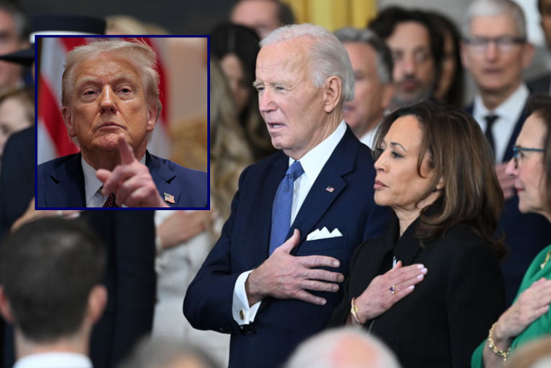(Background) Former U.S. President Joe Biden and former Vice President Kamala Harris attend the inauguration of Donald Trump on January 20, 2025, in Washington, DC. (Photo by Saul Loeb - Pool/Getty Images) / (R-Top) U.S. President Donald Trump calls on a reporter during a cabinet meeting in the White House on August 26, 2025, in Washington, DC. (Photo by Chip Somodevilla/Getty Images)