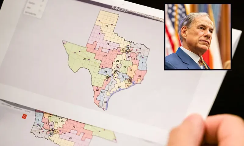AUSTIN, TEXAS - AUGUST 15: U.S. Secretary of Agriculture Brooke Rollins speaks alongside Texas Gov. Greg Abbott during a news conference in the State Capitol on August 15, 2025 in Austin, Texas. Texas Gov. Greg Abbott and U.S. Secretary of Agriculture Brooke Rollins held a press conference discussing the recent rise of threats presented by the New World screwworm disease. (Photo by Brandon Bell/Getty Images) / AUSTIN, TEXAS - AUGUST 07: A person views a map during a Senate Special Committee on Congressional Redistricting public testimony hearing on August 07, 2025 in Austin, Texas. The Senate Special Committee on Congressional Redistricting met to hear public testimony on Congressional plan C2308. Earlier this week, Texas Democratic lawmakers fled the state in an attempt to protest and deny quorum for votes on the proposed Republican redistricting plan, which would secure five additional GOP seats in the U.S. House. Gov. Greg Abbott has threatened to remove lawmakers who do not return and has asked the Texas Supreme Court to expel House Democratic leaders who fled the state. (Photo by Brandon Bell/Getty Images)