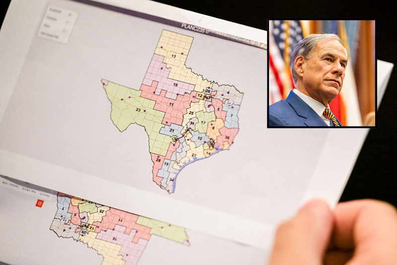 AUSTIN, TEXAS - AUGUST 15: U.S. Secretary of Agriculture Brooke Rollins speaks alongside Texas Gov. Greg Abbott during a news conference in the State Capitol on August 15, 2025 in Austin, Texas. Texas Gov. Greg Abbott and U.S. Secretary of Agriculture Brooke Rollins held a press conference discussing the recent rise of threats presented by the New World screwworm disease. (Photo by Brandon Bell/Getty Images) / AUSTIN, TEXAS - AUGUST 07: A person views a map during a Senate Special Committee on Congressional Redistricting public testimony hearing on August 07, 2025 in Austin, Texas. The Senate Special Committee on Congressional Redistricting met to hear public testimony on Congressional plan C2308. Earlier this week, Texas Democratic lawmakers fled the state in an attempt to protest and deny quorum for votes on the proposed Republican redistricting plan, which would secure five additional GOP seats in the U.S. House. Gov. Greg Abbott has threatened to remove lawmakers who do not return and has asked the Texas Supreme Court to expel House Democratic leaders who fled the state. (Photo by Brandon Bell/Getty Images)