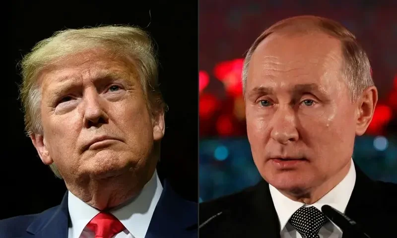 (COMBO) This combination of pictures created on February 21, 2020 shows US President Donald Trump delivers remarks at a Keep America Great rally in Phoenix, Arizona, on February 19, 2020. Russian President Vladimir Putin delivers a speech during a ceremony in Jerusalem on January 23, 2020 commemorating the people of Leningrad during the Second World War Nazi siege on the city. - President Donald Trump on february 21, 2020 dismissed reported warnings by US intelligence that Russia is meddling in this year's elections as a "hoax" planted by his Democratic rivals. "Another misinformation campaign is being launched by Democrats in Congress saying that Russia prefers me to any of the Do Nothing Democrat candidates who still have been unable to, after two weeks, count their votes in Iowa," Trump wrote on Twitter. (Photo by JIM WATSON and EMMANUEL DUNAND / AFP) (Photo by JIM WATSON,EMMANUEL DUNAND/AFP via Getty Images)