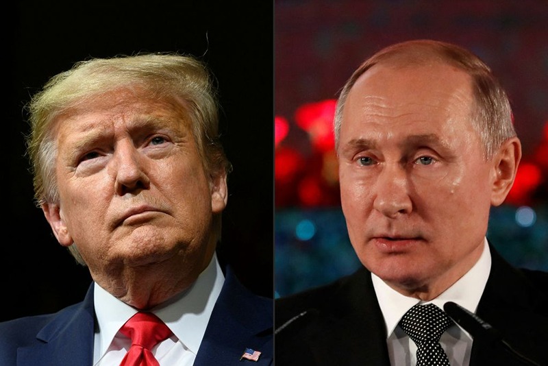 (COMBO) This combination of pictures created on February 21, 2020 shows US President Donald Trump delivers remarks at a Keep America Great rally in Phoenix, Arizona, on February 19, 2020. Russian President Vladimir Putin delivers a speech during a ceremony in Jerusalem on January 23, 2020 commemorating the people of Leningrad during the Second World War Nazi siege on the city. - President Donald Trump on february 21, 2020 dismissed reported warnings by US intelligence that Russia is meddling in this year's elections as a "hoax" planted by his Democratic rivals. "Another misinformation campaign is being launched by Democrats in Congress saying that Russia prefers me to any of the Do Nothing Democrat candidates who still have been unable to, after two weeks, count their votes in Iowa," Trump wrote on Twitter. (Photo by JIM WATSON and EMMANUEL DUNAND / AFP) (Photo by JIM WATSON,EMMANUEL DUNAND/AFP via Getty Images)