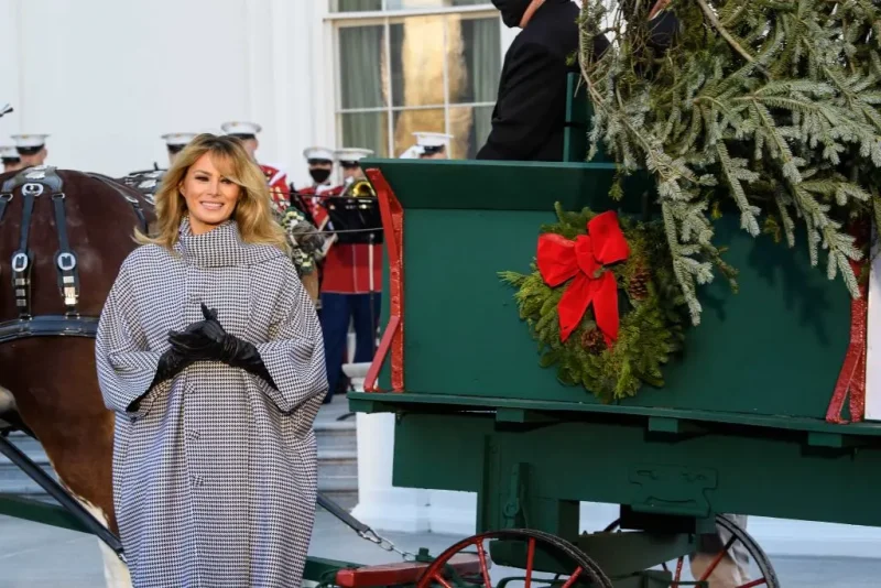 US First Lady Melania Trump receives the White House Christmas Tree at the White House in Washington, DC, on November 23, 2020. (Photo by NICHOLAS KAMM / AFP) (Photo by NICHOLAS KAMM/AFP via Getty Images)