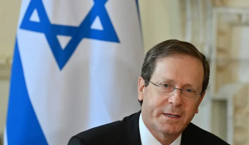 LONDON, ENGLAND - NOVEMBER 23: Israeli President Isaac Herzog meets with Britain's Prime Minister Boris Johnson (not pictured) inside Number 10 Downing Street on November 23, 2021 in London, England. President Herzog, who was elected to his role by the Knesset in June, arrived in the UK on Sunday for a multi-day visit. (Photo by Justin Tallis-WPA Pool/Getty Images)