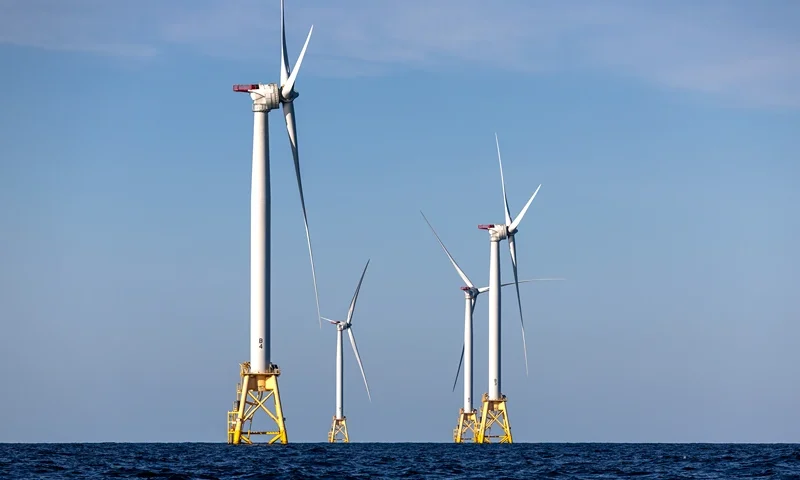 Wind turbines generate electricity at the Block Island Wind Farm on July 07, 2022 near Block Island, Rhode Island. The first commercial offshore wind farm in the United States is located 3.8 miles from Block Island, Rhode Island in the Atlantic Ocean. The five-turbine, 30 MW project was developed by Deepwater Wind and began operations in December, 2016 at a cost of nearly $300 million. (Photo by John Moore/Getty Images)